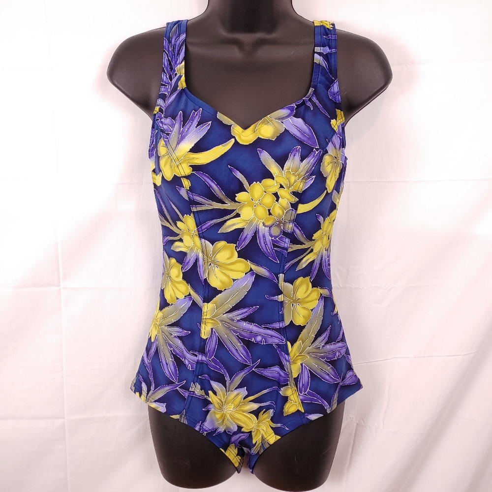 Vintage Le Cove Multicolored Tropical Floral One Piece Swimsuit Size 12